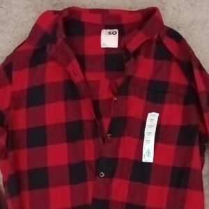 SO Red and Black Button Down Shirt Classic Plaid Flannel